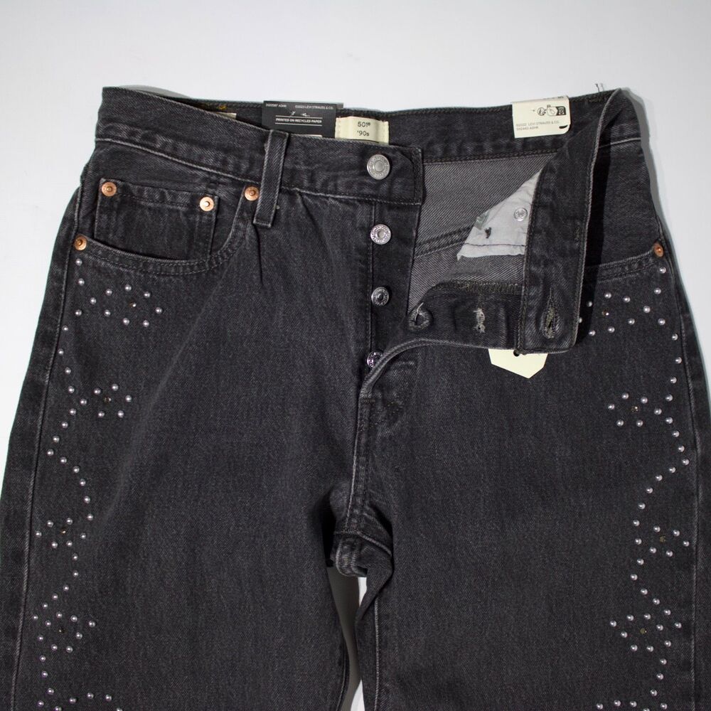 NWT $128 Levi's Premium 501 '90s Black Denim Studded Western Jeans Women 29x30 - Picture 10 of 16